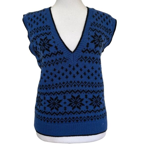 Vintage Fair Isle Wool Sweater Vest Sz S Blue Adrienne Vittadini Winter Academia - Picture 1 of 4